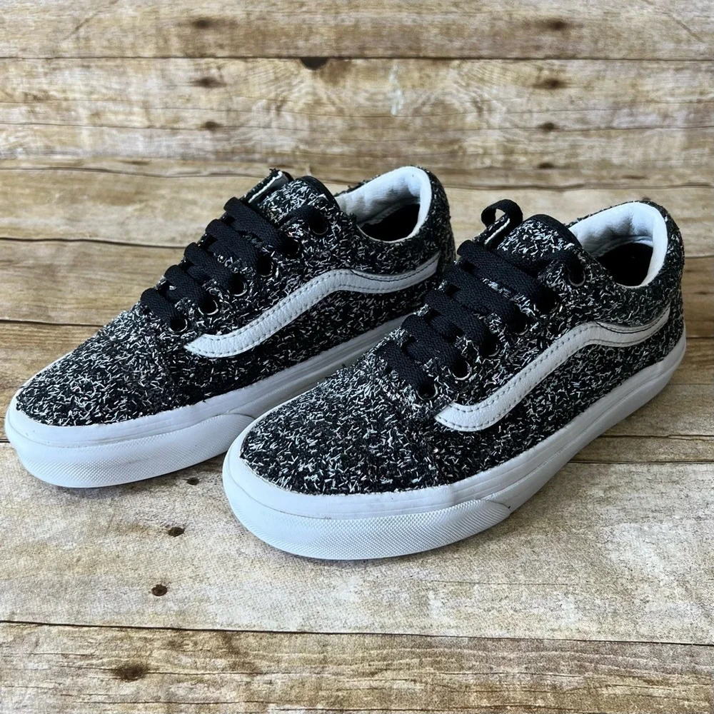 Vans Old Skool Kids Black White Glitter Textured Low Top Sneakers Shoes‎